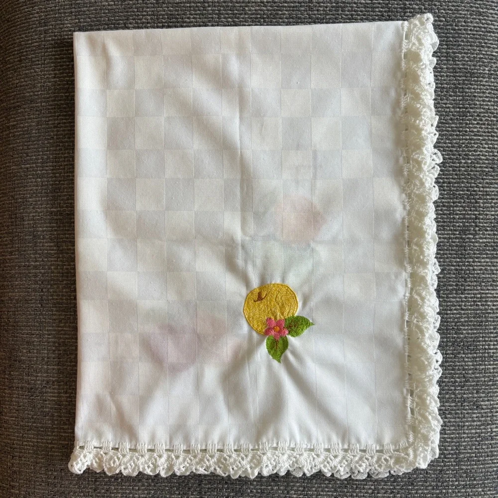 Handmade Embroidered Fruit Tablecloth 41x33 Lace Border Small Linen Table Cover